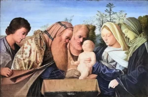 Une ancienne peinture de l'artiste Giovanni Bellini représente la circoncision de Jésus, avec Joseph et Marie.