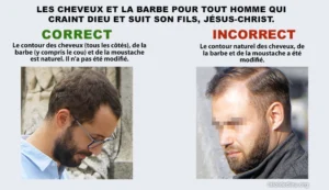 Deux hommes côte à côte montrant la façon correcte et incorrecte de maintenir la barbe et les cheveux selon le commandement de Dieu tel que décrit dans les Écritures.