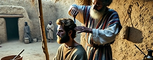 Barbier israélite ancien coupant les cheveux et la barbe selon le commandement de Dieu dans les Écritures.