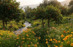 Jardin d'Eden avec des arbres fruitiers, des animaux et une rivière.