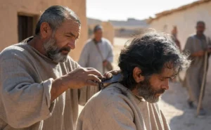 Un homme se faisant couper les cheveux dans l'ancien Israël.