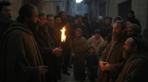 Un groupe d'Israélites dans la Jérusalem antique discutant dans une rue sombre en tenant une torche.