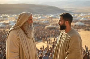 Moïse parlant avec le jeune Josué devant la foule israélite.