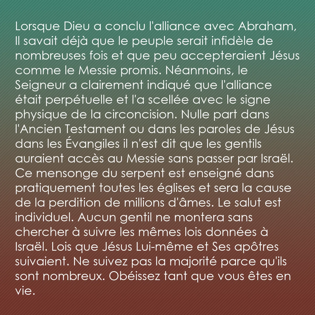 0073 - Post à propos de la Loi de Dieu: Lorsque Dieu a conclu l