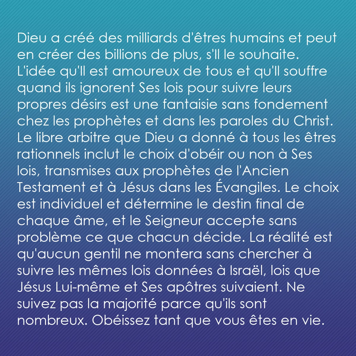 0095 - Post à propos de la Loi de Dieu: Dieu a créé des milliards d