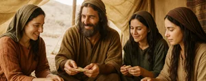 Jacob et ses épouses mangeant à l’intérieur d’une tente dans l’ancien Israël.