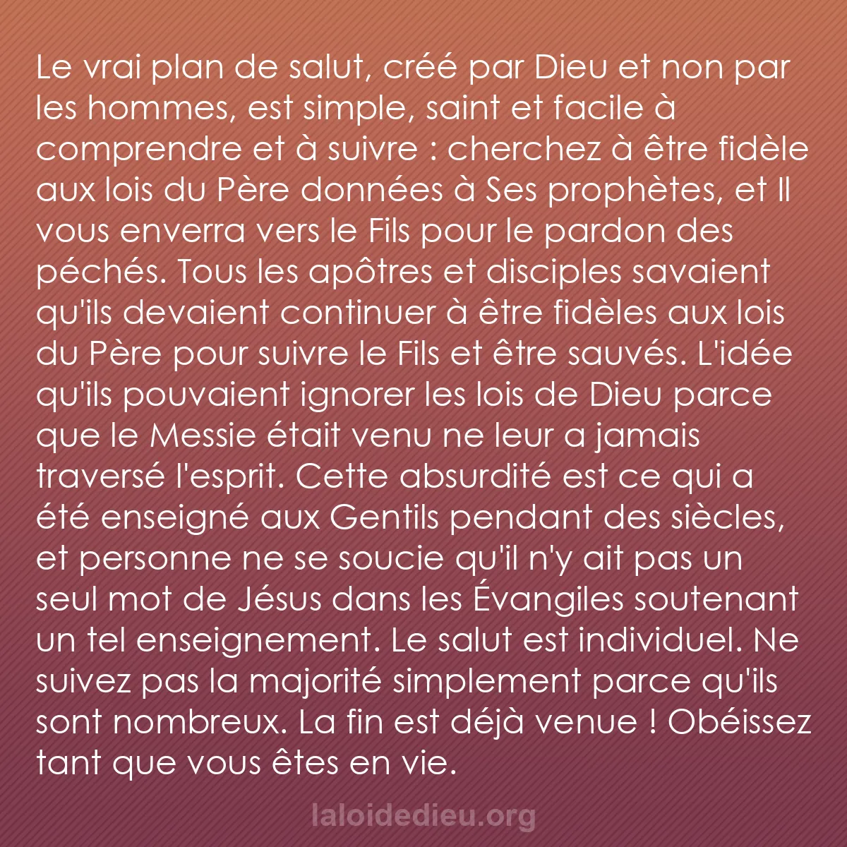 b0106 - Post à propos de la Loi de Dieu : Le vrai plan de salut, créé par Dieu et non par les hommes,...