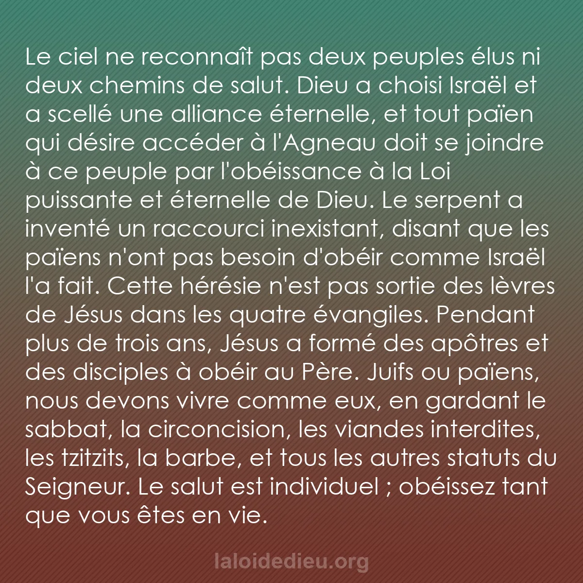 b0133 - Post à propos de la Loi de Dieu : Le ciel ne reconnaît pas deux peuples élus ni deux chemins de...