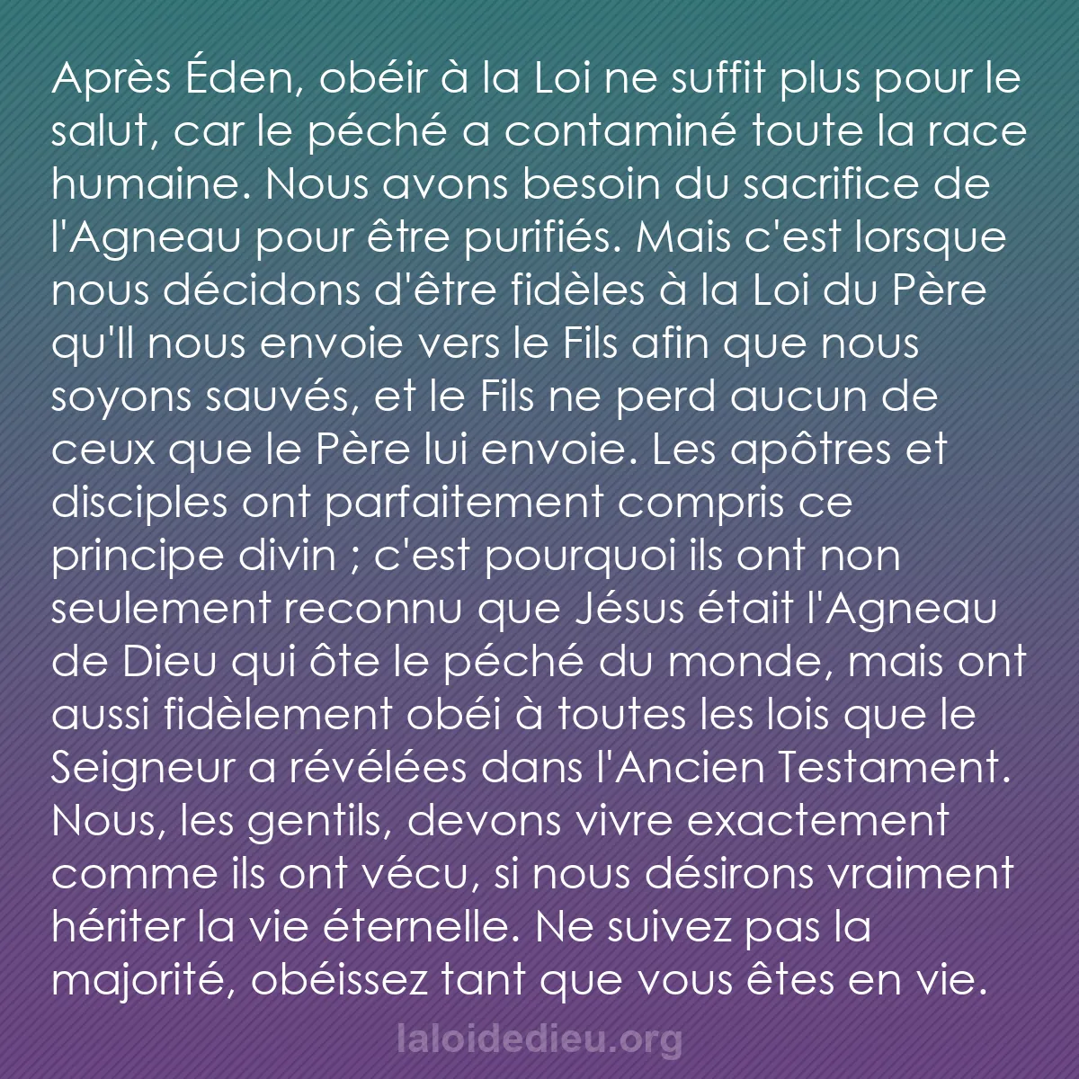 b0144 - Post à propos de la Loi de Dieu : Après Éden, obéir à la Loi ne suffit plus pour le salut, car...