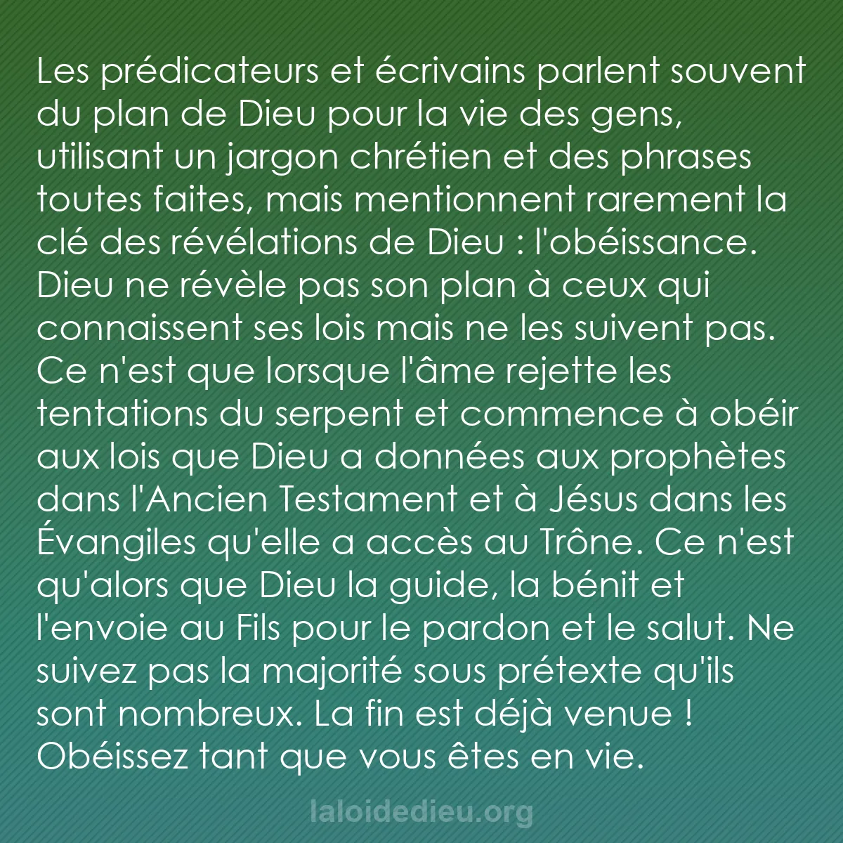 b0150 - Post à propos de la Loi de Dieu : Les prédicateurs et écrivains parlent souvent du plan de Dieu...