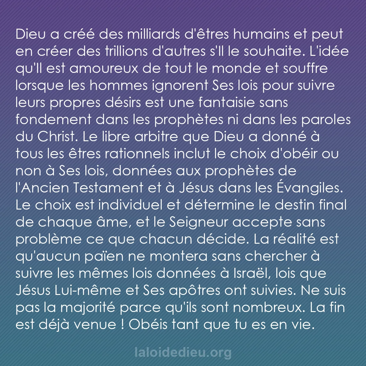 b0302 - Post à propos de la Loi de Dieu : Dieu a créé des milliards d