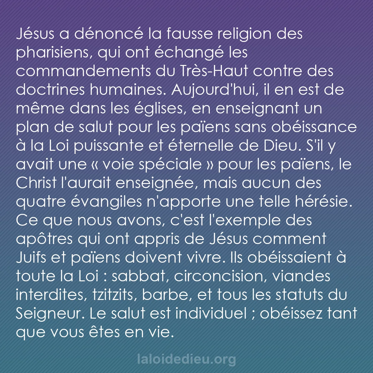 b0382 - Post à propos de la Loi de Dieu : Jésus a dénoncé la fausse religion des pharisiens, qui ont échangé...