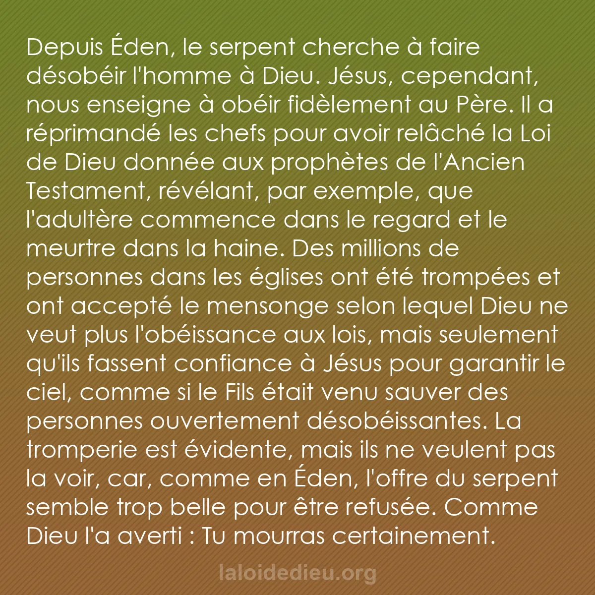 b0389 - Post à propos de la Loi de Dieu : Depuis Éden, le serpent cherche à faire désobéir l