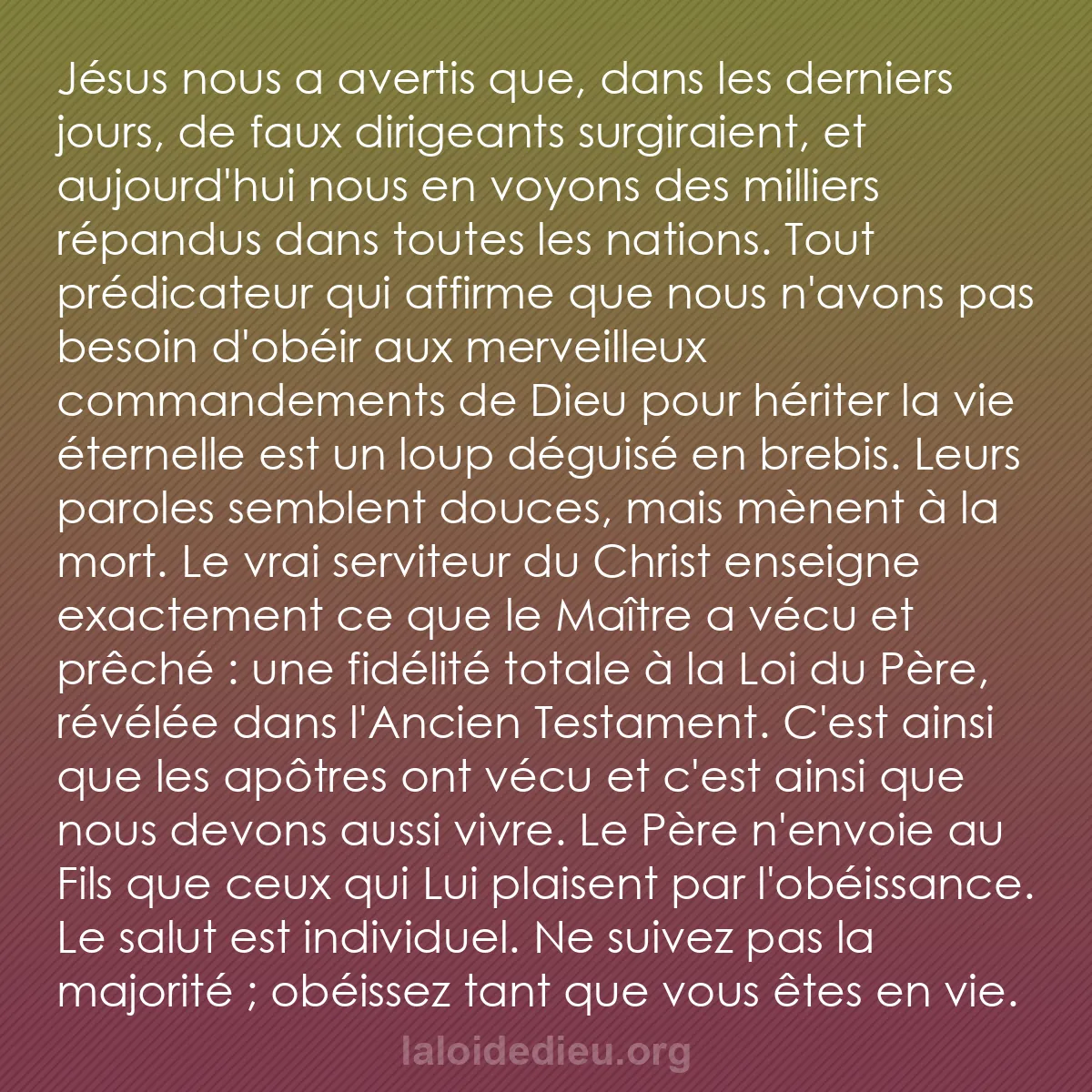 b0448 - Post à propos de la Loi de Dieu : Jésus nous a avertis que, dans les derniers jours, de faux dirigeants...