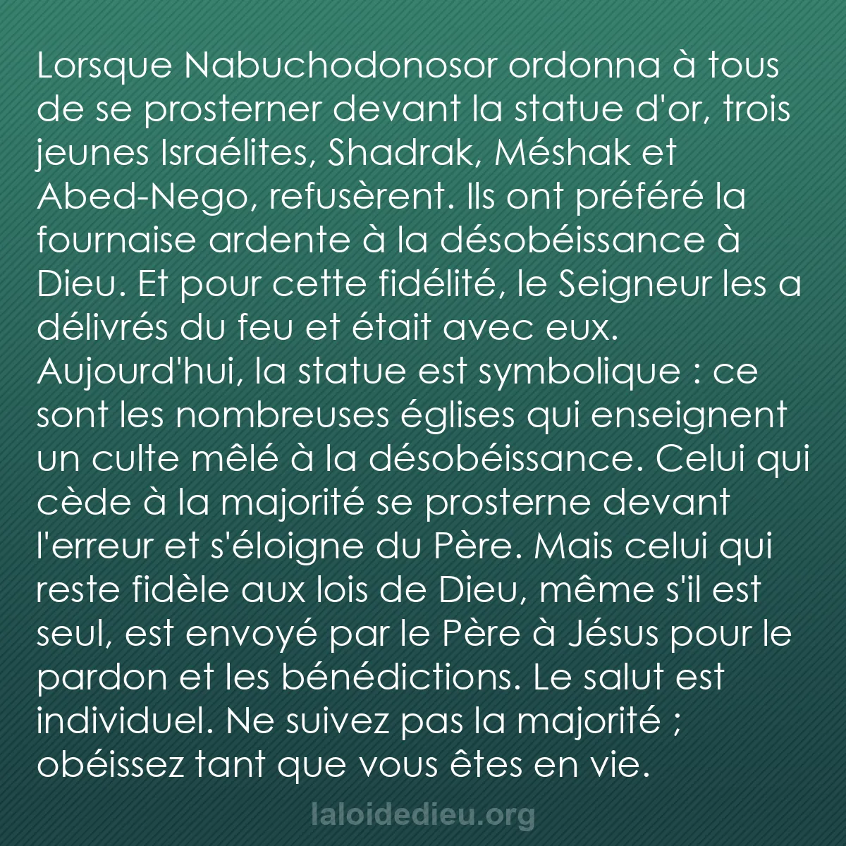 b0460 - Post à propos de la Loi de Dieu : Lorsque Nabuchodonosor ordonna à tous de se prosterner devant...