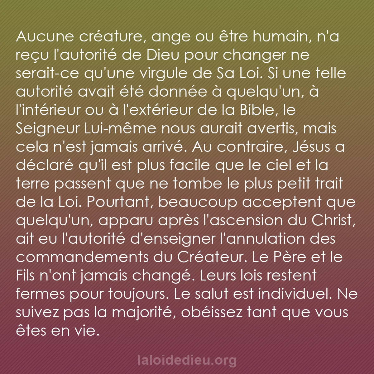 b0588 - Post à propos de la Loi de Dieu : Aucune créature, ange ou être humain, n